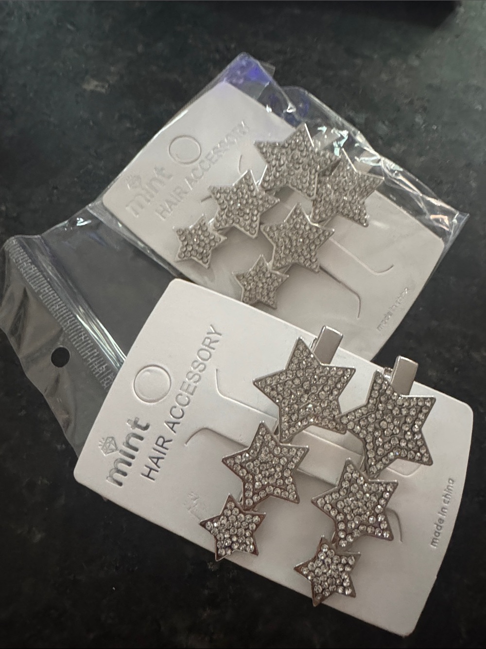 Mint Silver Rhinestone Star Hair Clips
